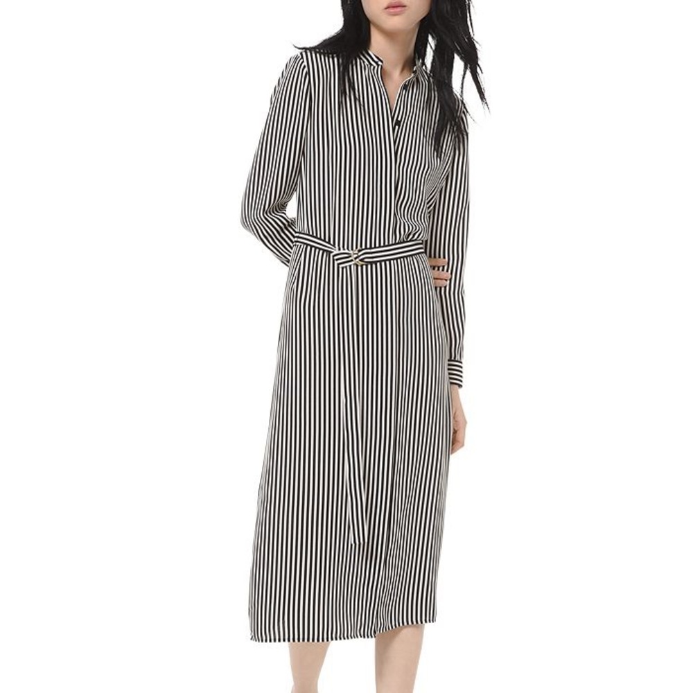 Striped Midi Shirt Dress In Black/bone